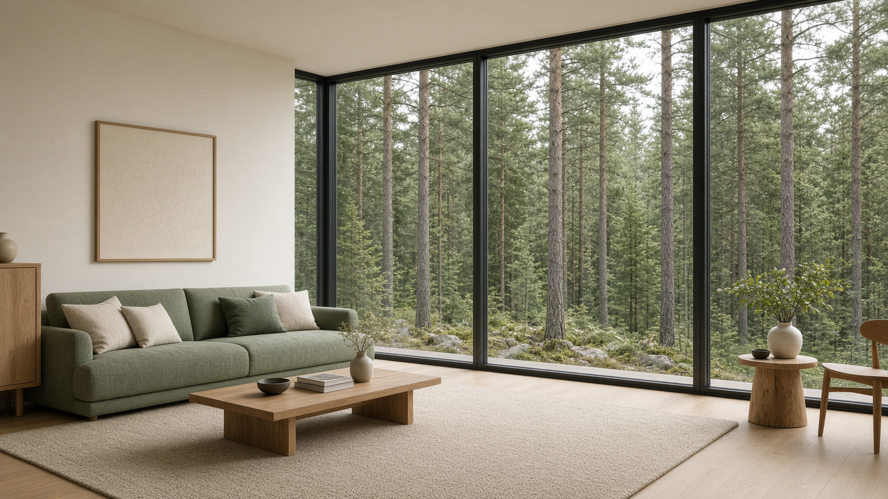 Scandinavian living room with floor-to-ceiling windows facing a pine forest