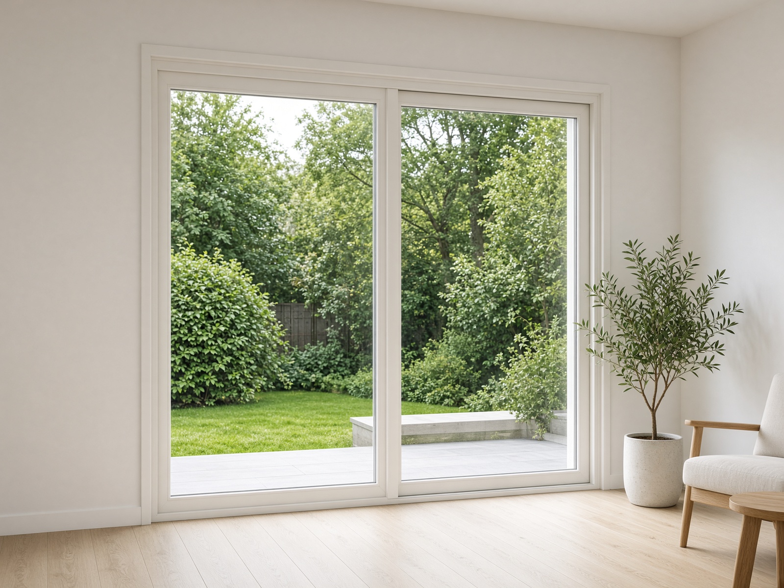 White patio doors opening onto a terrace
